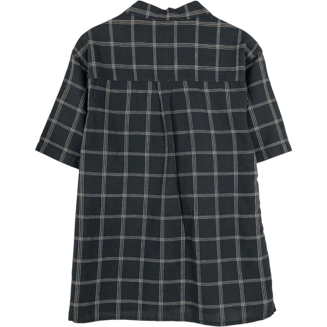 DENVER HAYES Check Pattern Short-Sleeve Open Collar Cotton x Linen Shirt, Boxy Shirt, Men's Size L (approx.) linen black type Vintage Second Hand