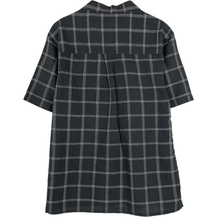 DENVER HAYES Check Pattern Short-Sleeve Open Collar Cotton x Linen Shirt, Boxy Shirt, Men's Size L (approx.) linen black type Vintage Second Hand