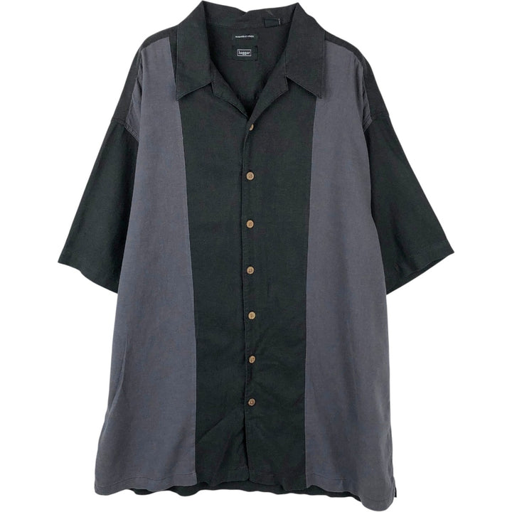 HAGGAR WASHABLE LINEN Linen x Rayon Open Collar Short Sleeve Two-Tone Box Shirt (Men's Size L) linen black type Vintage Second Hand