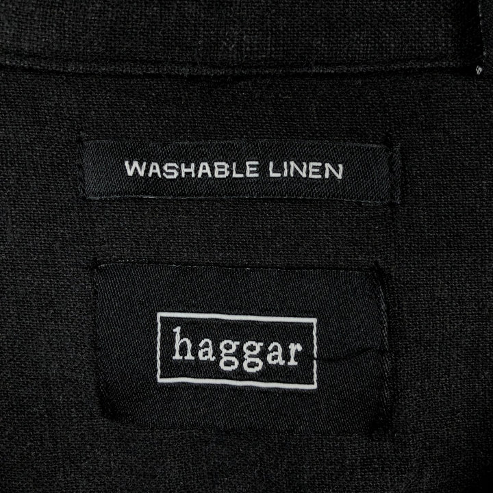 HAGGAR WASHABLE LINEN Linen x Rayon Open Collar Short Sleeve Two-Tone Box Shirt (Men's Size L) linen black type Vintage Second Hand