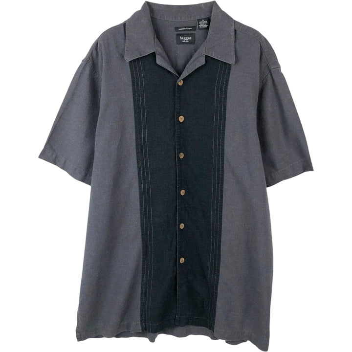 HAGGAR Washable Linen Open Collar Linen x Rayon Short Sleeve Two-Tone Box Shirt, Men's XL Equivalent linen Charcoal Vintage Second Hand