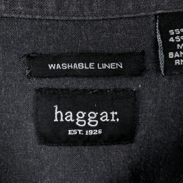 HAGGAR Washable Linen Open Collar Linen x Rayon Short Sleeve Two-Tone Box Shirt, Men's XL Equivalent linen Charcoal Vintage Second Hand