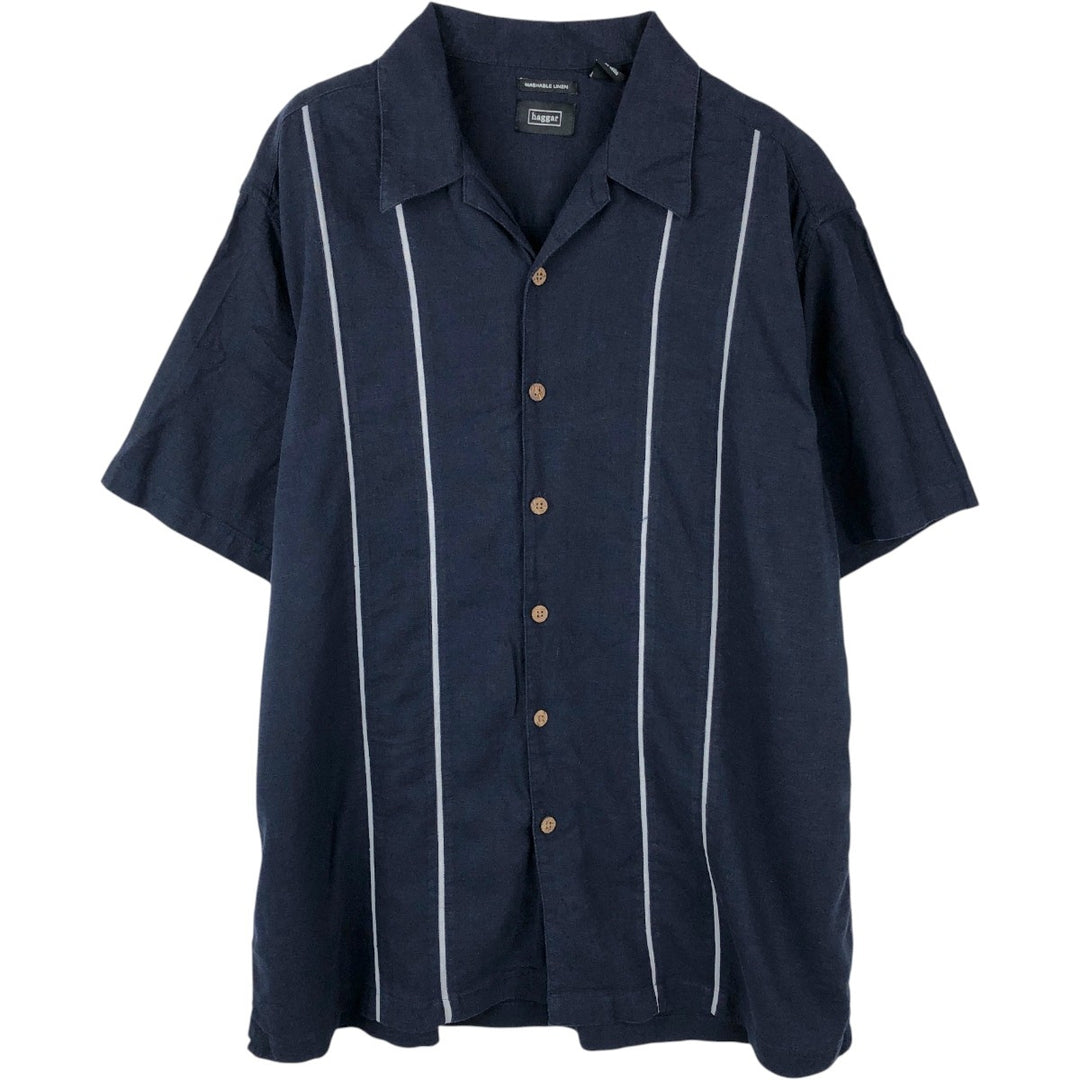 HAGGAR Washable Linen Short-Sleeve Open-Collar Linen x Rayon Box Shirt (Men's XL equivalent) linen navy blue type Vintage Second Hand