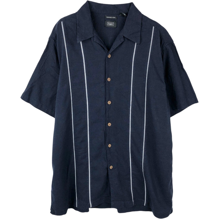 HAGGAR Washable Linen Short-Sleeve Open-Collar Linen x Rayon Box Shirt (Men's XL equivalent) linen navy blue type Vintage Second Hand