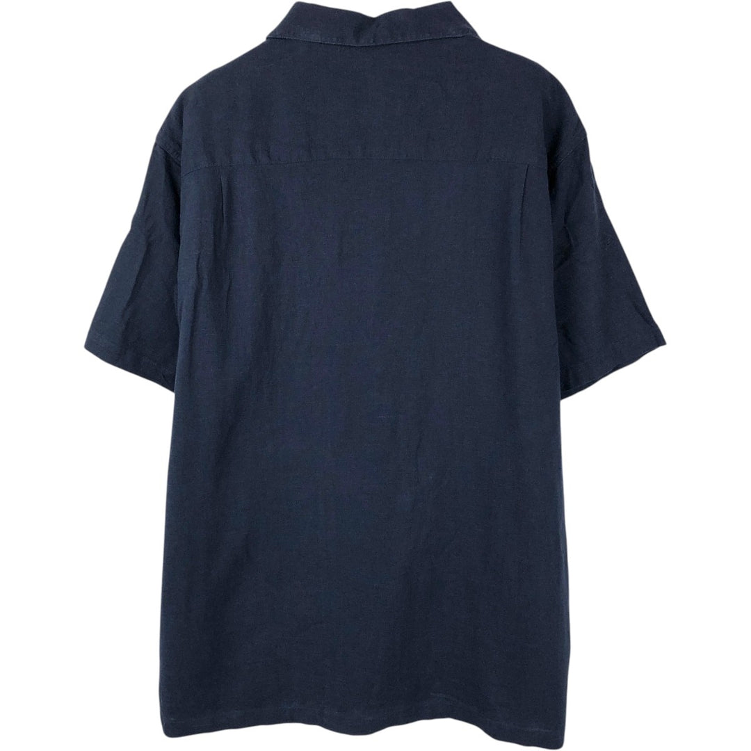 HAGGAR Washable Linen Short-Sleeve Open-Collar Linen x Rayon Box Shirt (Men's XL equivalent) linen navy blue type Vintage Second Hand