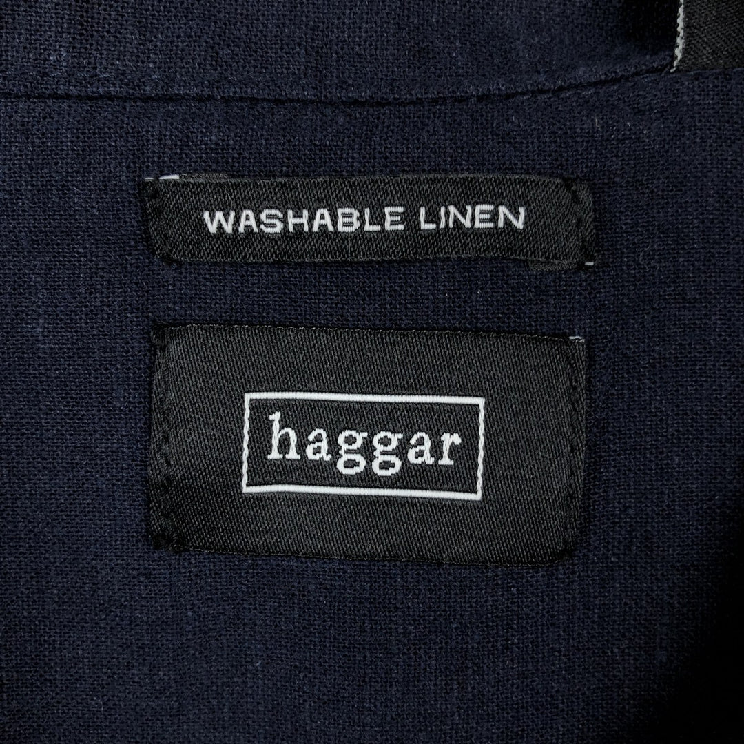 HAGGAR Washable Linen Short-Sleeve Open-Collar Linen x Rayon Box Shirt (Men's XL equivalent) linen navy blue type Vintage Second Hand