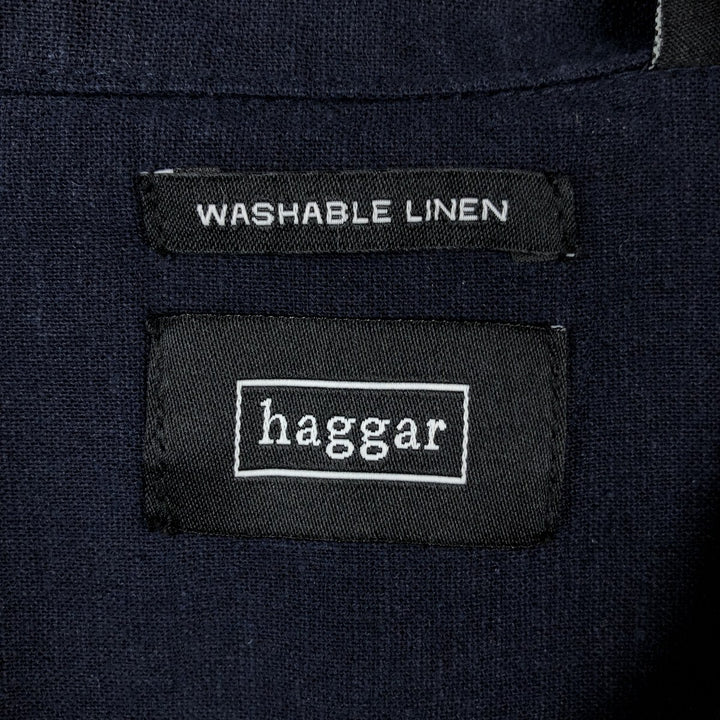 HAGGAR Washable Linen Short-Sleeve Open-Collar Linen x Rayon Box Shirt (Men's XL equivalent) linen navy blue type Vintage Second Hand