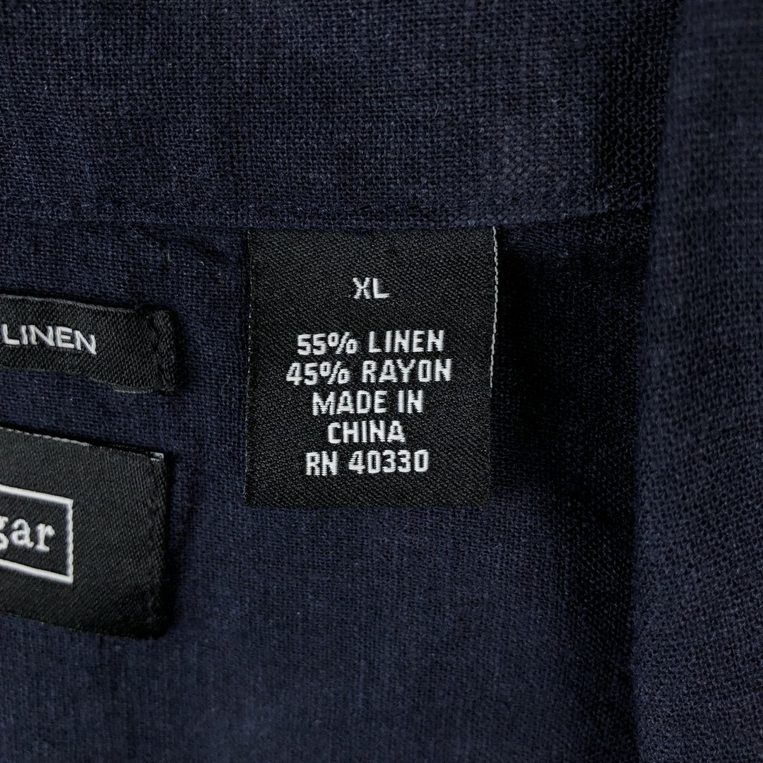 HAGGAR Washable Linen Short-Sleeve Open-Collar Linen x Rayon Box Shirt (Men's XL equivalent) linen navy blue type Vintage Second Hand