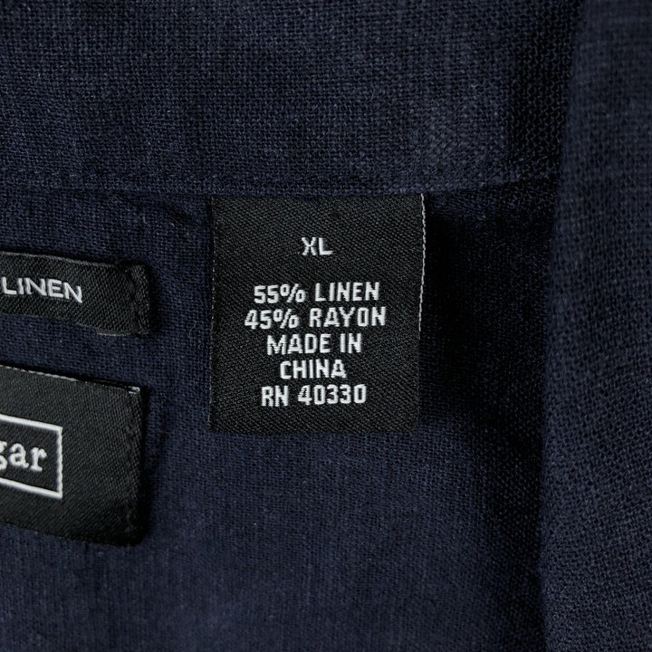 HAGGAR Washable Linen Short-Sleeve Open-Collar Linen x Rayon Box Shirt (Men's XL equivalent) linen navy blue type Vintage Second Hand