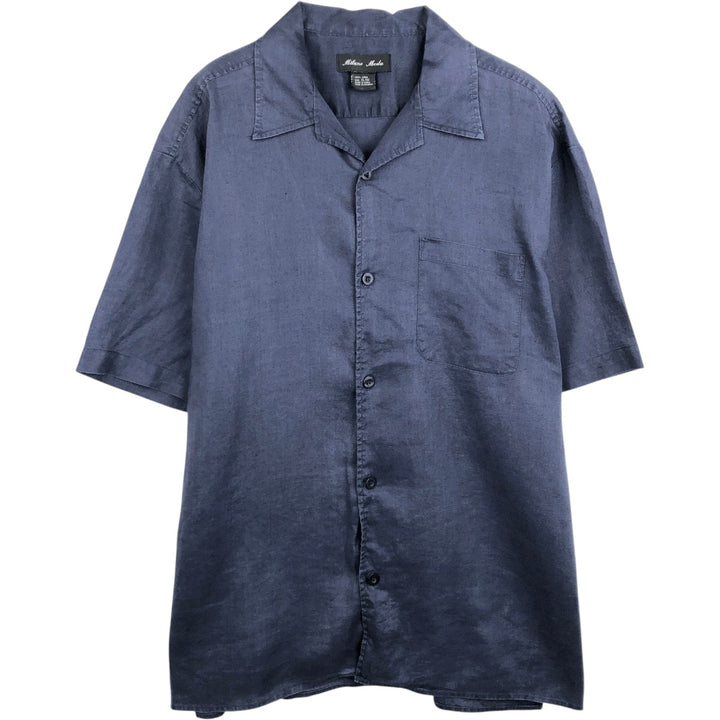 Milano Moda Short-Sleeve Open-Collar Linen Shirt, Boxy Fit, Men's Size XL (approx.) linen navy blue type Vintage Second Hand