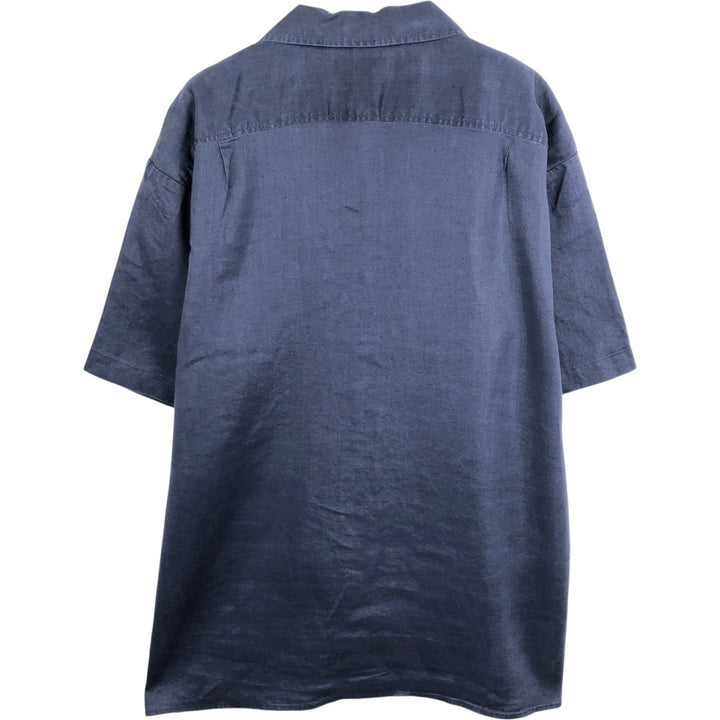 Milano Moda Short-Sleeve Open-Collar Linen Shirt, Boxy Fit, Men's Size XL (approx.) linen navy blue type Vintage Second Hand