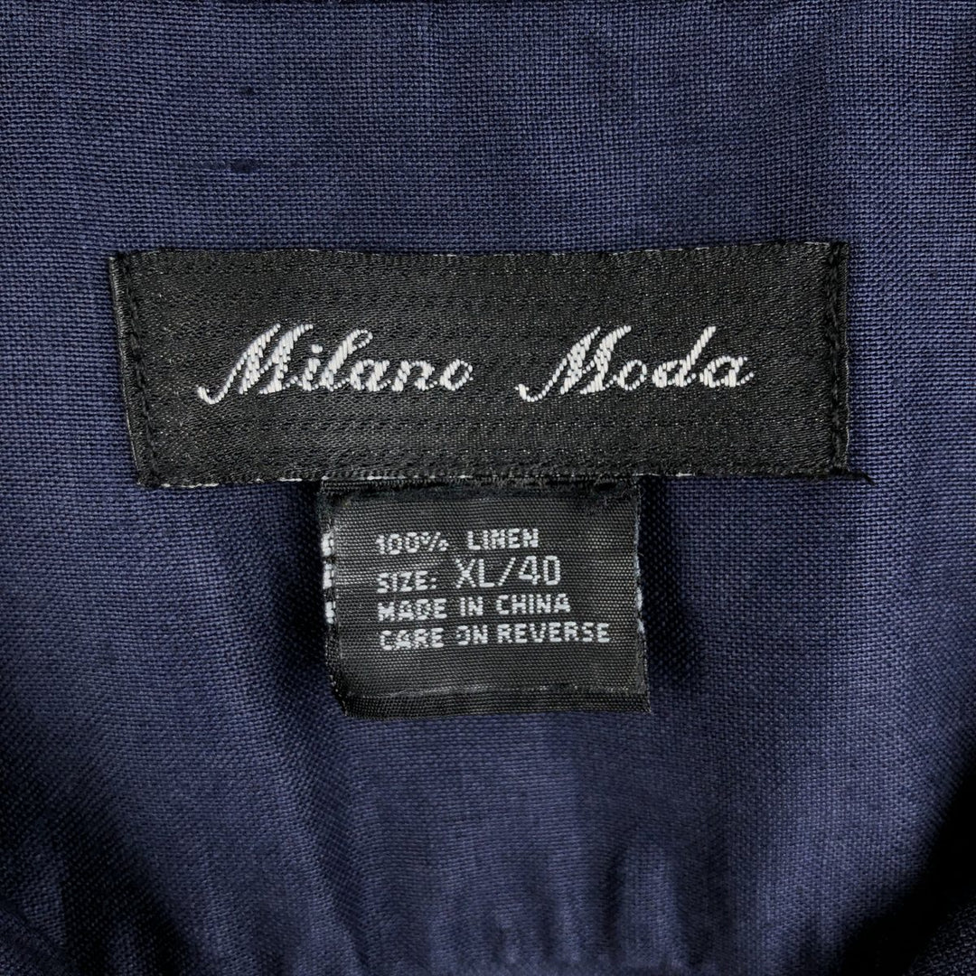 Milano Moda Short-Sleeve Open-Collar Linen Shirt, Boxy Fit, Men's Size XL (approx.) linen navy blue type Vintage Second Hand