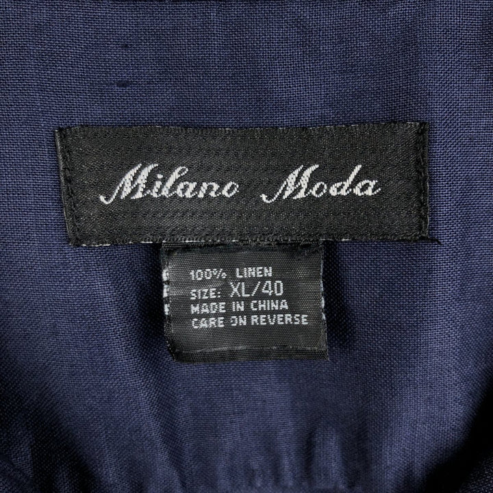 Milano Moda Short-Sleeve Open-Collar Linen Shirt, Boxy Fit, Men's Size XL (approx.) linen navy blue type Vintage Second Hand