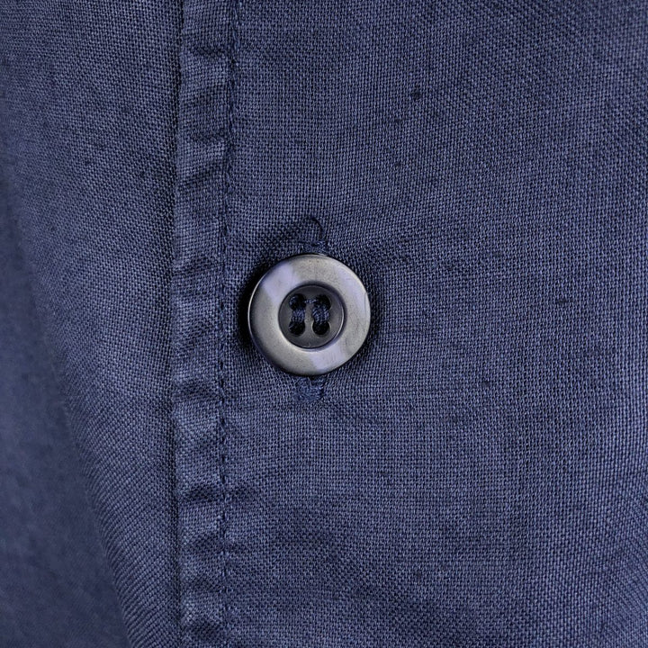 Milano Moda Short-Sleeve Open-Collar Linen Shirt, Boxy Fit, Men's Size XL (approx.) linen navy blue type Vintage Second Hand