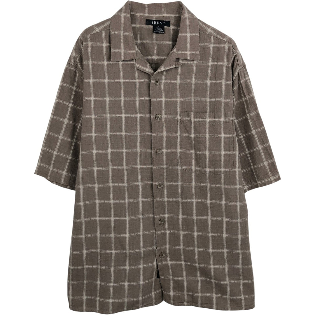 TRUST Check Pattern Short-Sleeve Open Collar Linen x Rayon Box Shirt (Men's XL equivalent) linen Beige type Vintage Second Hand