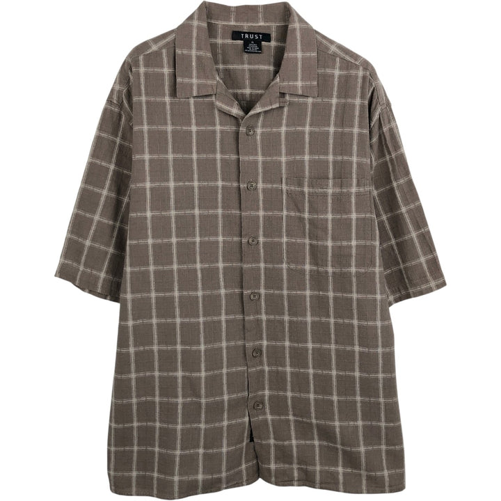 TRUST Check Pattern Short-Sleeve Open Collar Linen x Rayon Box Shirt (Men's XL equivalent) linen Beige type Vintage Second Hand