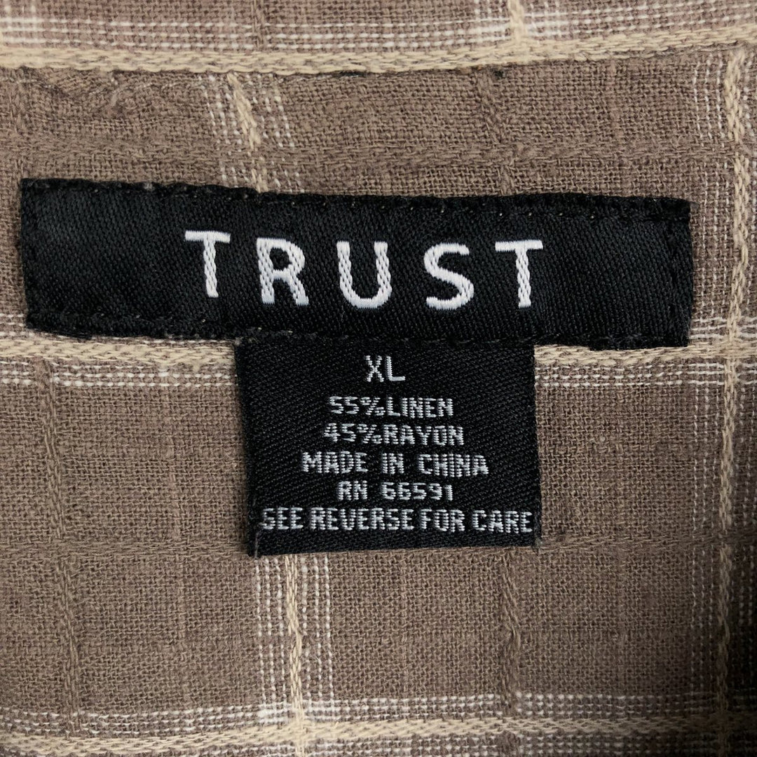 TRUST Check Pattern Short-Sleeve Open Collar Linen x Rayon Box Shirt (Men's XL equivalent) linen Beige type Vintage Second Hand