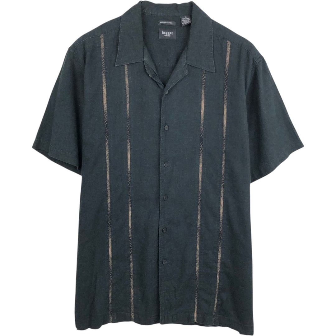 HAGGAR Washable Linen Short-Sleeve Open-Collar Linen Shirt, Boxy Shirt, Men's Size XL (approx.) linen black type Vintage Second Hand