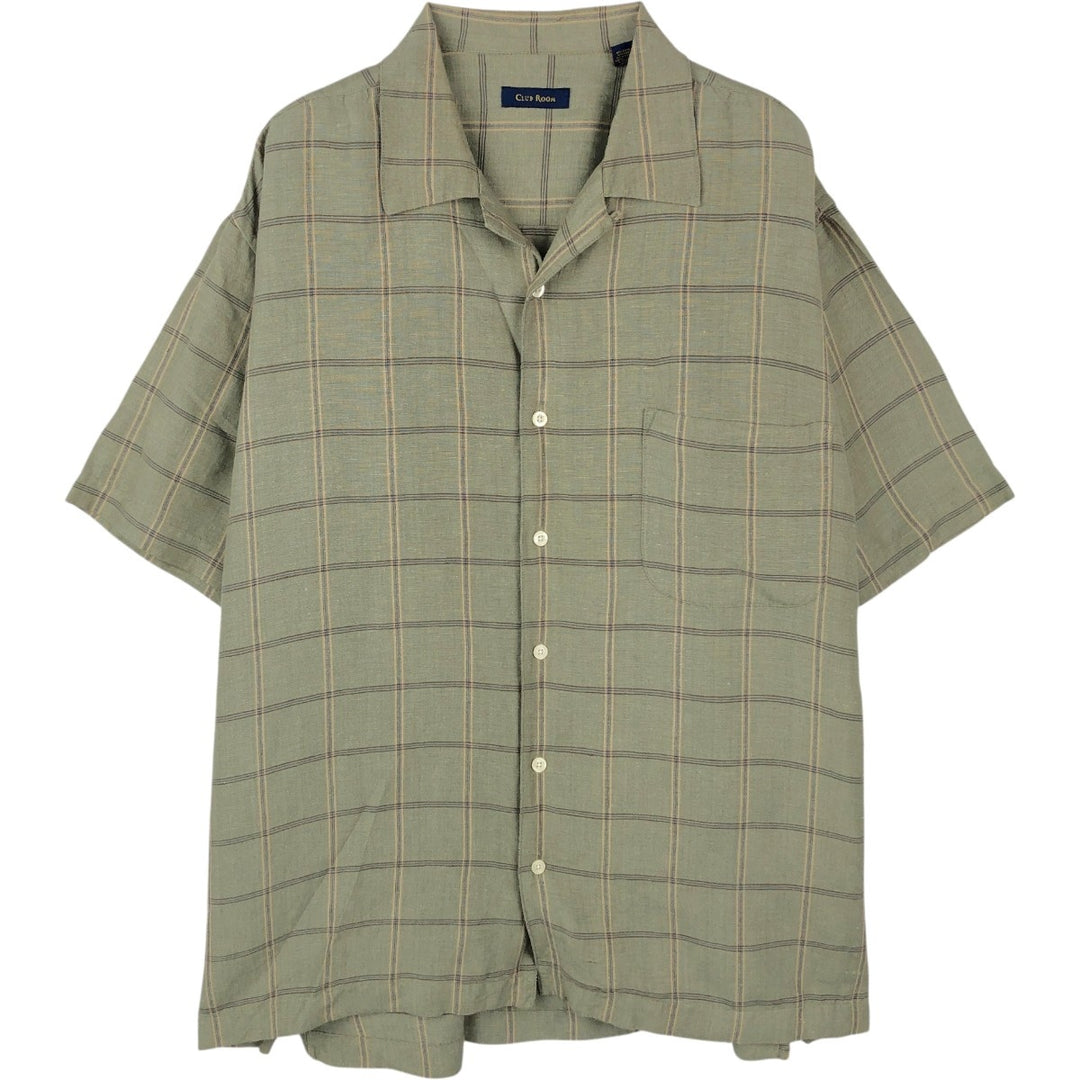 CLUB ROOM Check Pattern Short-Sleeve Open Collar Linen x Rayon Box Shirt (Men's XL equivalent) linen Khaki type Vintage Second Hand