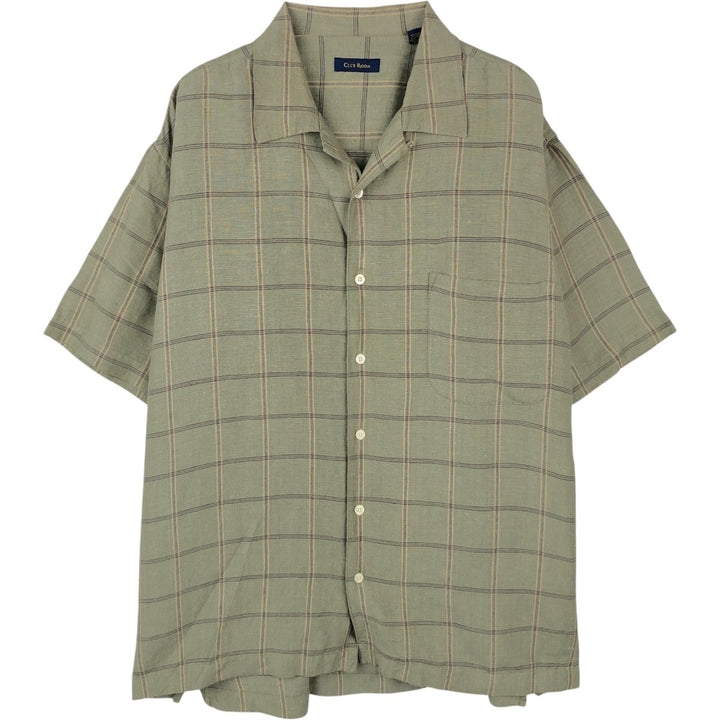 CLUB ROOM Check Pattern Short-Sleeve Open Collar Linen x Rayon Box Shirt (Men's XL equivalent) linen Khaki type Vintage Second Hand