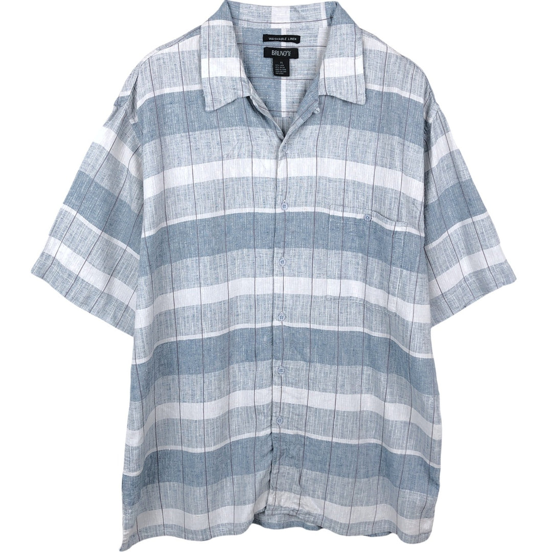 BRUNO WASHABLE LINEN Check Pattern Short-Sleeve Open Collar Linen x Rayon Box Shirt (Men's XL equivalent) linen Blue type light blue Vintage Second Hand