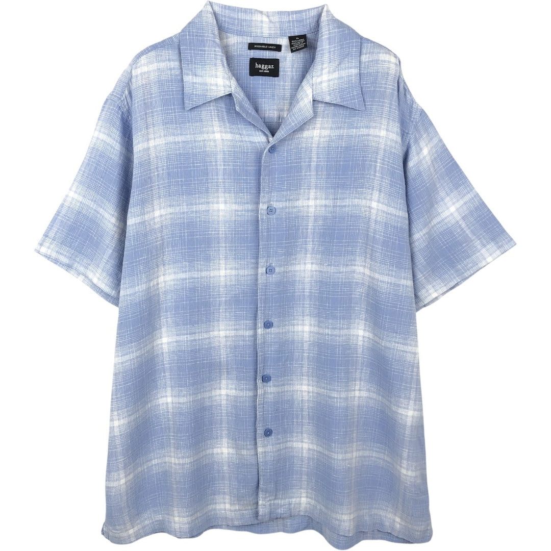 Hugger Washable Linen Check Pattern Ombre Check Short Sleeve Open Collar Linen x Rayon Box Shirt linen Blue type light blue Vintage Second Hand