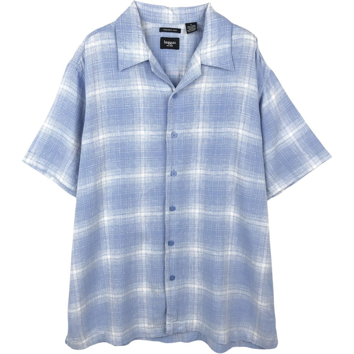 Hugger Washable Linen Check Pattern Ombre Check Short Sleeve Open Collar Linen x Rayon Box Shirt linen Blue type light blue Vintage Second Hand