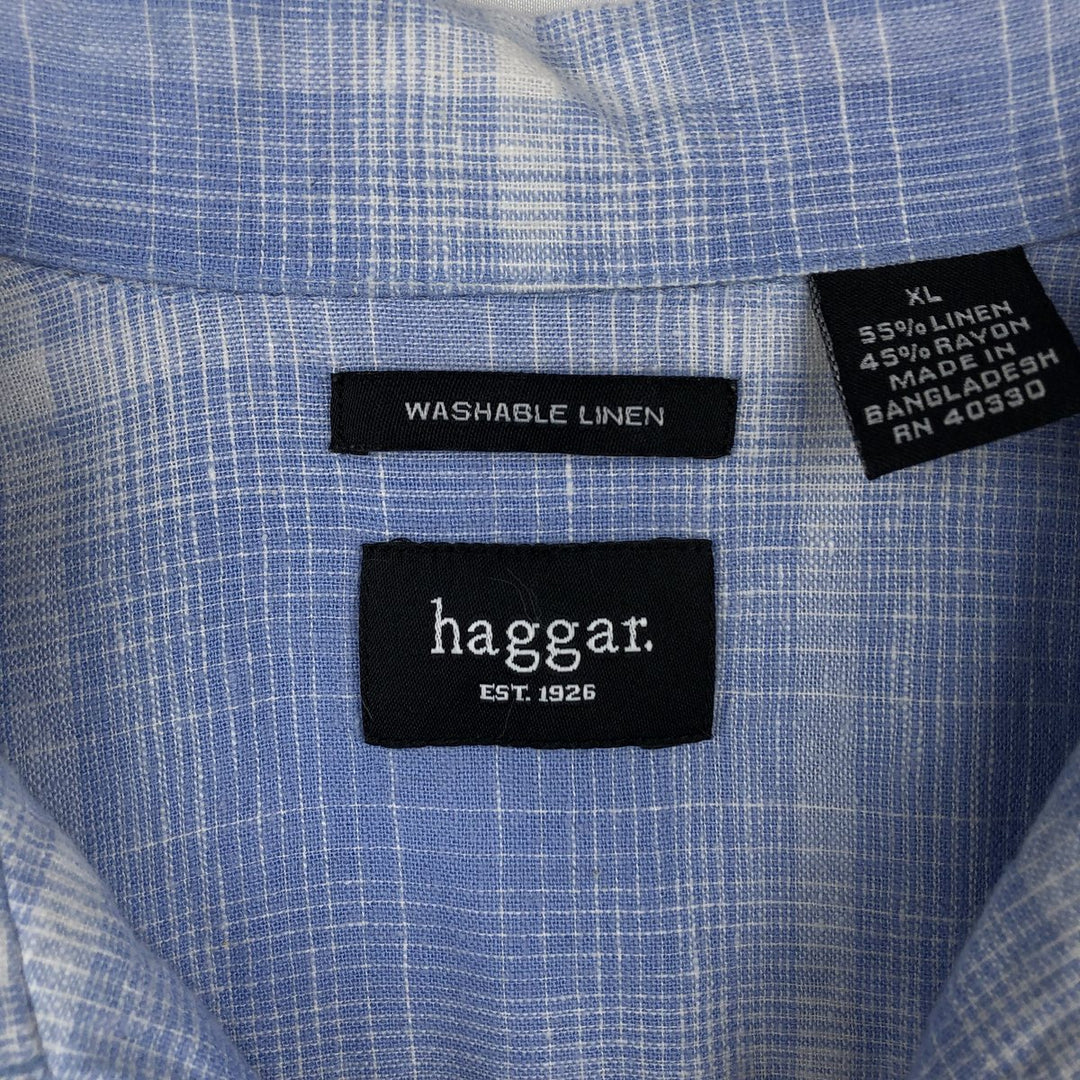 Hugger Washable Linen Check Pattern Ombre Check Short Sleeve Open Collar Linen x Rayon Box Shirt linen Blue type light blue Vintage Second Hand
