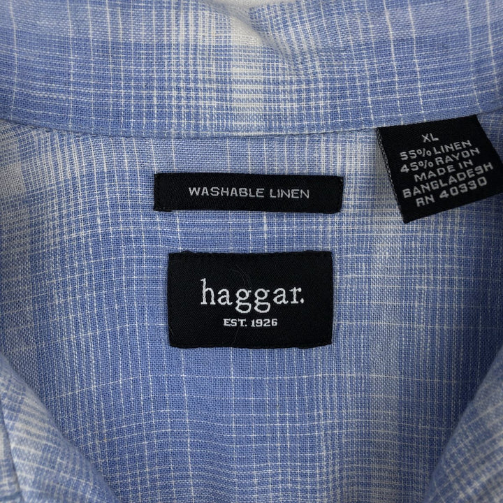 Hugger Washable Linen Check Pattern Ombre Check Short Sleeve Open Collar Linen x Rayon Box Shirt linen Blue type light blue Vintage Second Hand