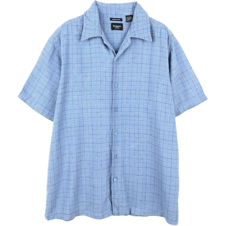HAGGAR WASHABLE LINEN Check Pattern Short-Sleeve Open Collar Linen x Rayon Box Shirt (Men's Size L) linen blue type Vintage Second Hand