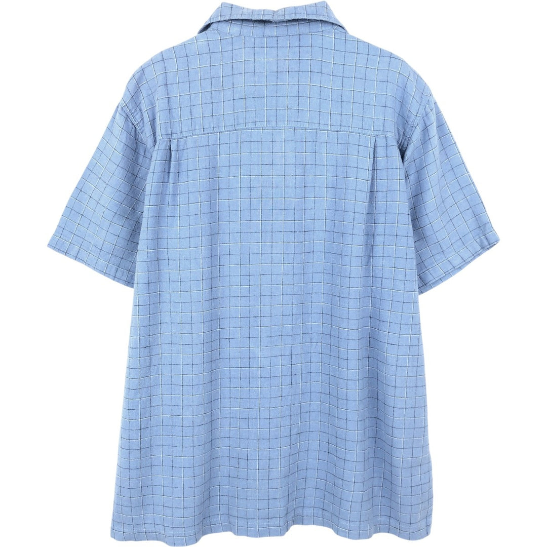 HAGGAR WASHABLE LINEN Check Pattern Short-Sleeve Open Collar Linen x Rayon Box Shirt (Men's Size L) linen blue type Vintage Second Hand