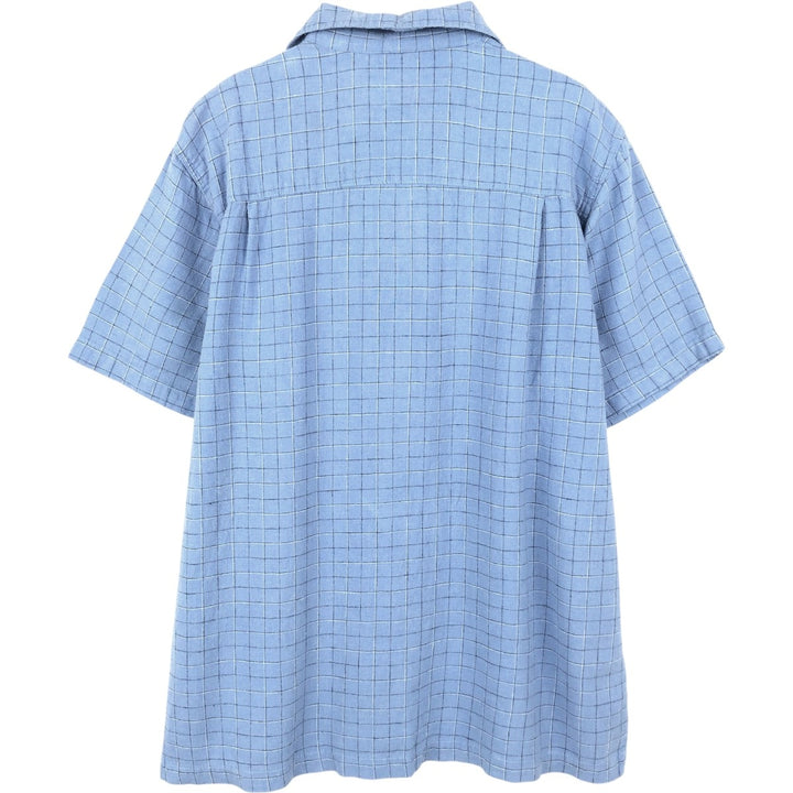 HAGGAR WASHABLE LINEN Check Pattern Short-Sleeve Open Collar Linen x Rayon Box Shirt (Men's Size L) linen blue type Vintage Second Hand