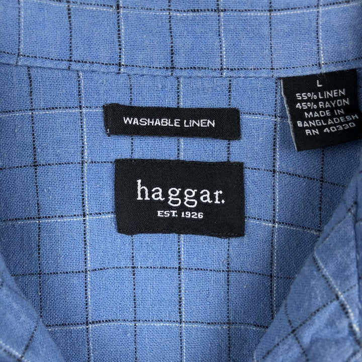 HAGGAR WASHABLE LINEN Check Pattern Short-Sleeve Open Collar Linen x Rayon Box Shirt (Men's Size L) linen blue type Vintage Second Hand