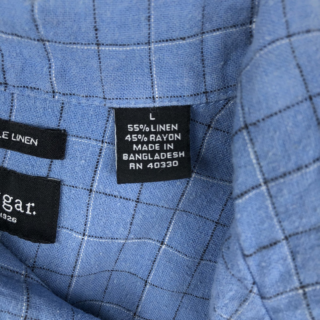 HAGGAR WASHABLE LINEN Check Pattern Short-Sleeve Open Collar Linen x Rayon Box Shirt (Men's Size L) linen blue type Vintage Second Hand