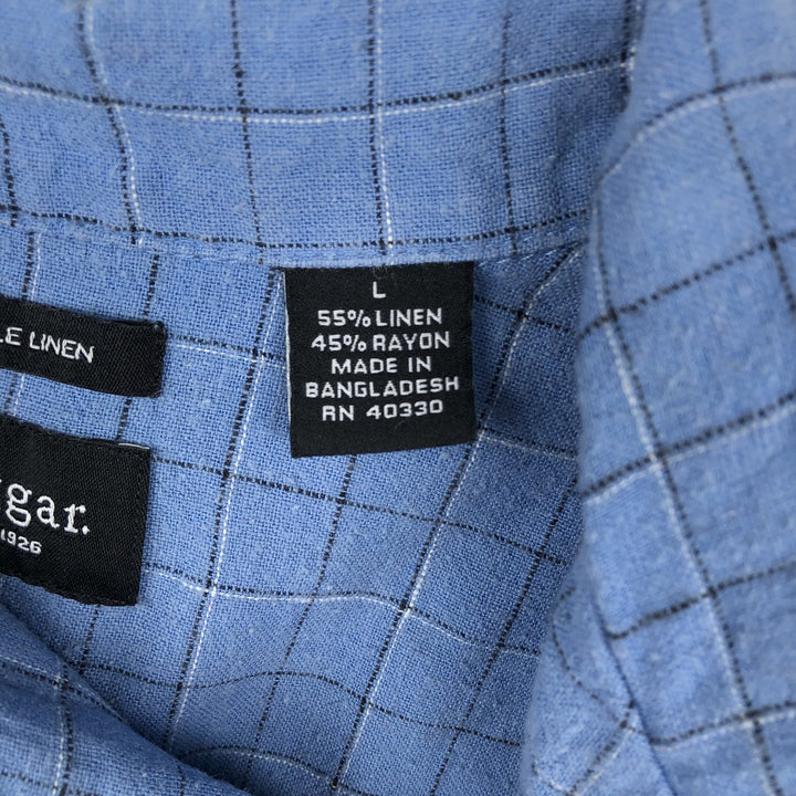 HAGGAR WASHABLE LINEN Check Pattern Short-Sleeve Open Collar Linen x Rayon Box Shirt (Men's Size L) linen blue type Vintage Second Hand