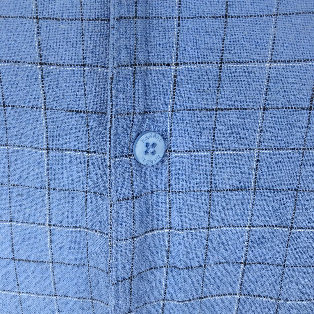 HAGGAR WASHABLE LINEN Check Pattern Short-Sleeve Open Collar Linen x Rayon Box Shirt (Men's Size L) linen blue type Vintage Second Hand