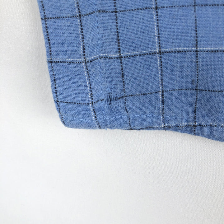 HAGGAR WASHABLE LINEN Check Pattern Short-Sleeve Open Collar Linen x Rayon Box Shirt (Men's Size L) linen blue type Vintage Second Hand