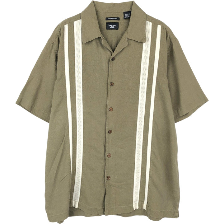 HAGGAR Washable Linen Short-Sleeve Open-Collar Linen x Rayon Box Shirt (Men's Size L) linen Khaki type Vintage Second Hand
