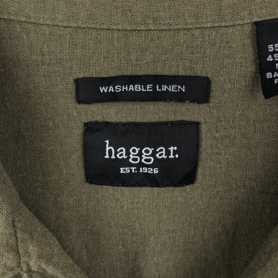 HAGGAR Washable Linen Short-Sleeve Open-Collar Linen x Rayon Box Shirt (Men's Size L) linen Khaki type Vintage Second Hand