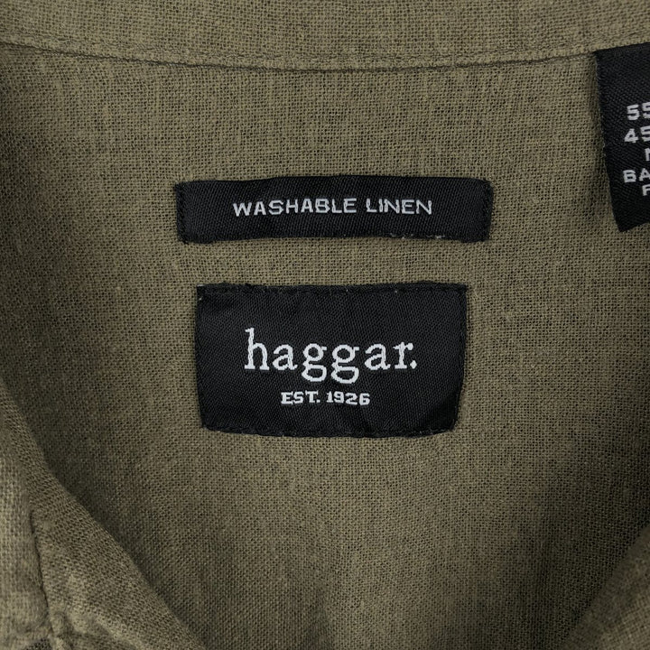 HAGGAR Washable Linen Short-Sleeve Open-Collar Linen x Rayon Box Shirt (Men's Size L) linen Khaki type Vintage Second Hand