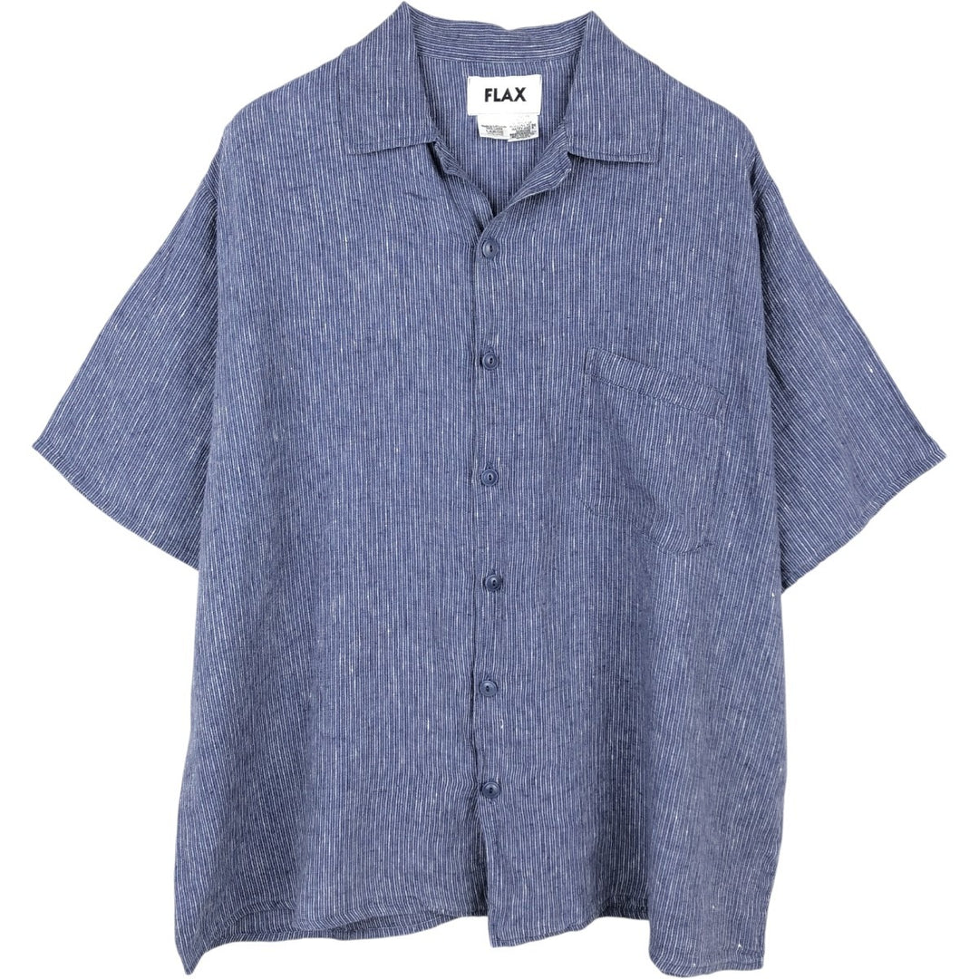 90'S FLAX Stripe Pattern Short-Sleeve Open-Collar Linen Shirt, Boxy Shirt, Men's Size L (Equivalent), Vintage linen blue type Vintage Second Hand