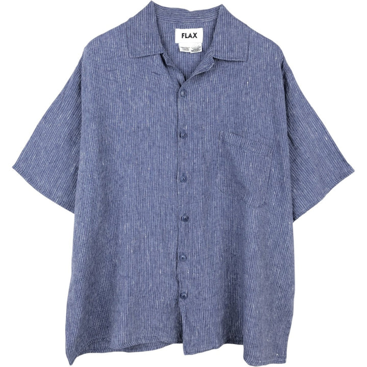90'S FLAX Stripe Pattern Short-Sleeve Open-Collar Linen Shirt, Boxy Shirt, Men's Size L (Equivalent), Vintage linen blue type Vintage Second Hand