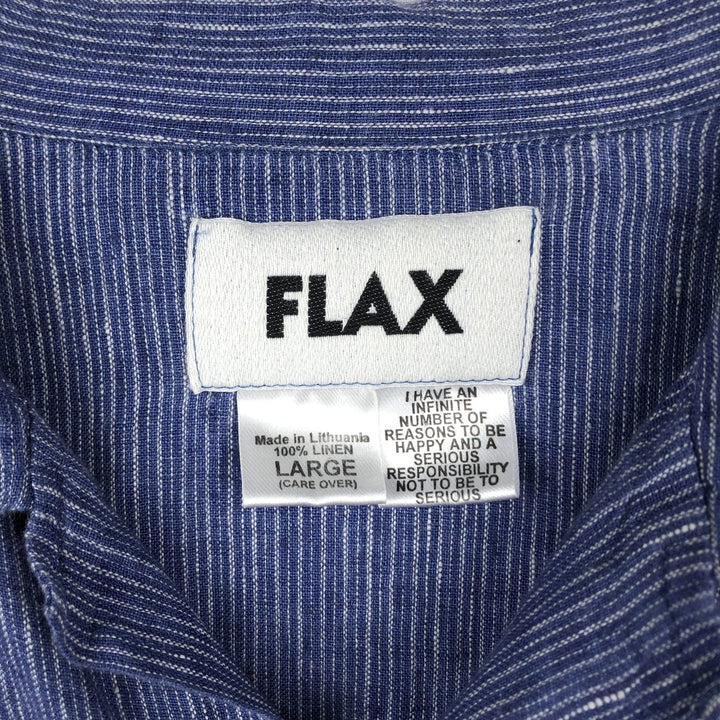 90'S FLAX Stripe Pattern Short-Sleeve Open-Collar Linen Shirt, Boxy Shirt, Men's Size L (Equivalent), Vintage linen blue type Vintage Second Hand