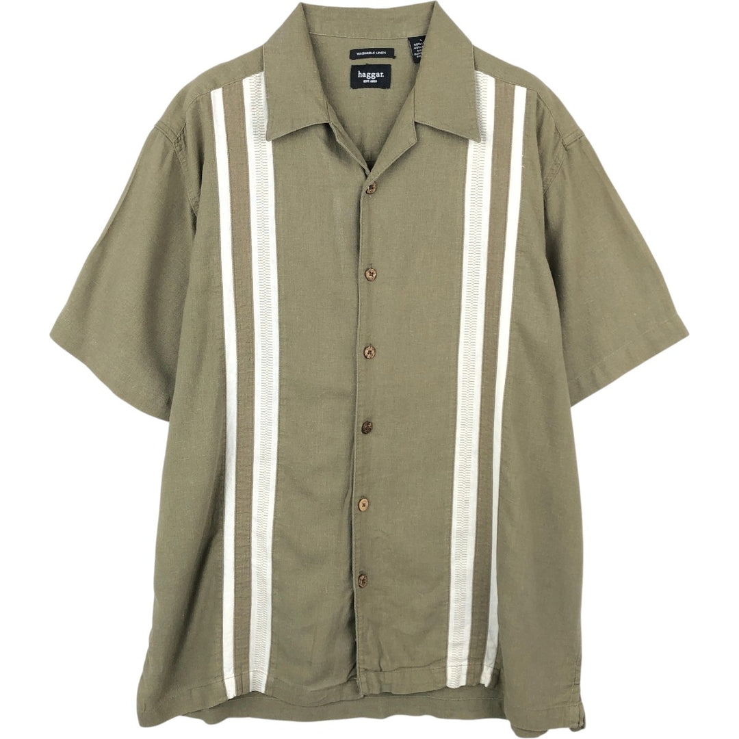 HAGGAR Washable Linen Short-Sleeve Open-Collar Linen x Rayon Box Shirt (Men's Size L) linen Khaki type Vintage Second Hand