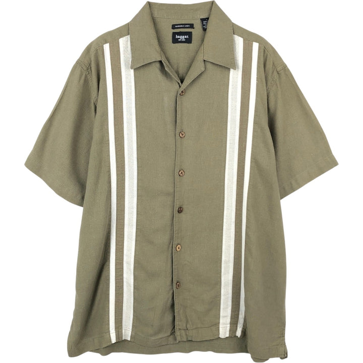 HAGGAR Washable Linen Short-Sleeve Open-Collar Linen x Rayon Box Shirt (Men's Size L) linen Khaki type Vintage Second Hand