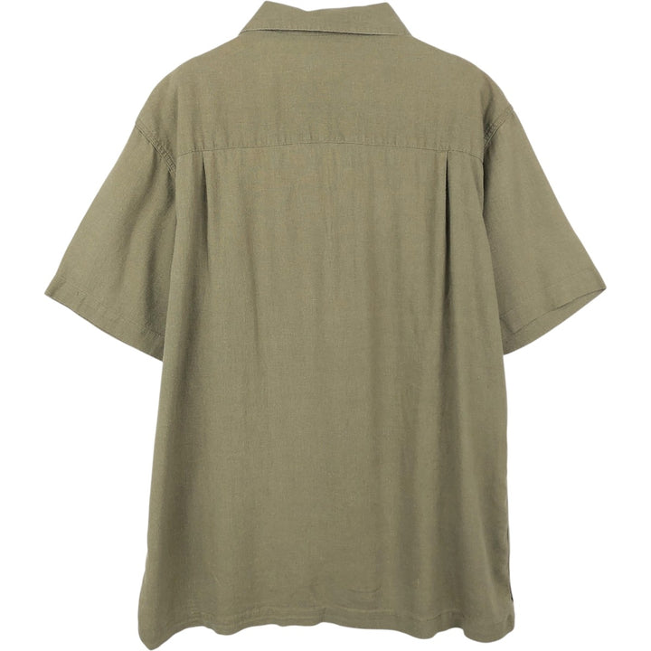 HAGGAR Washable Linen Short-Sleeve Open-Collar Linen x Rayon Box Shirt (Men's Size L) linen Khaki type Vintage Second Hand