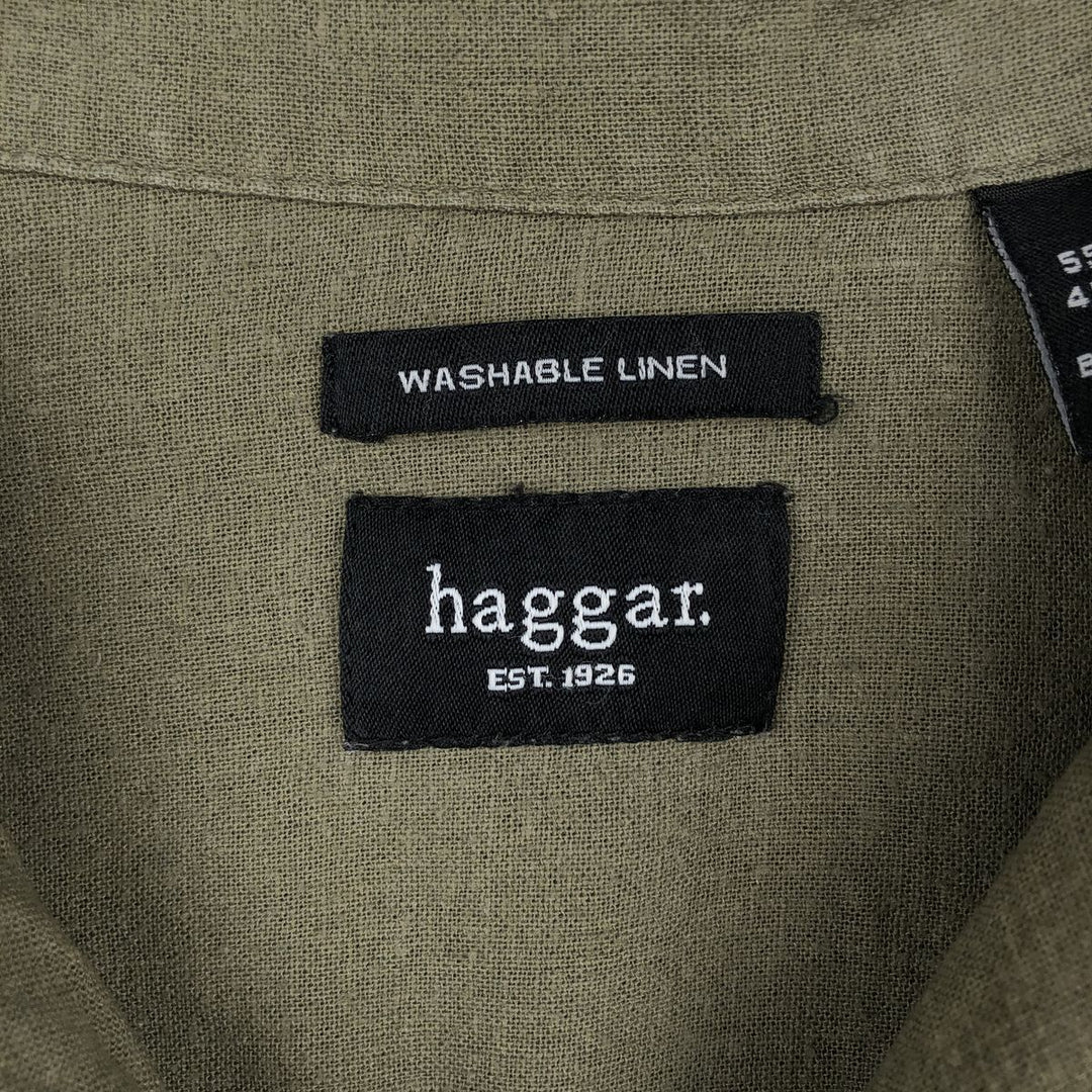 HAGGAR Washable Linen Short-Sleeve Open-Collar Linen x Rayon Box Shirt (Men's Size L) linen Khaki type Vintage Second Hand