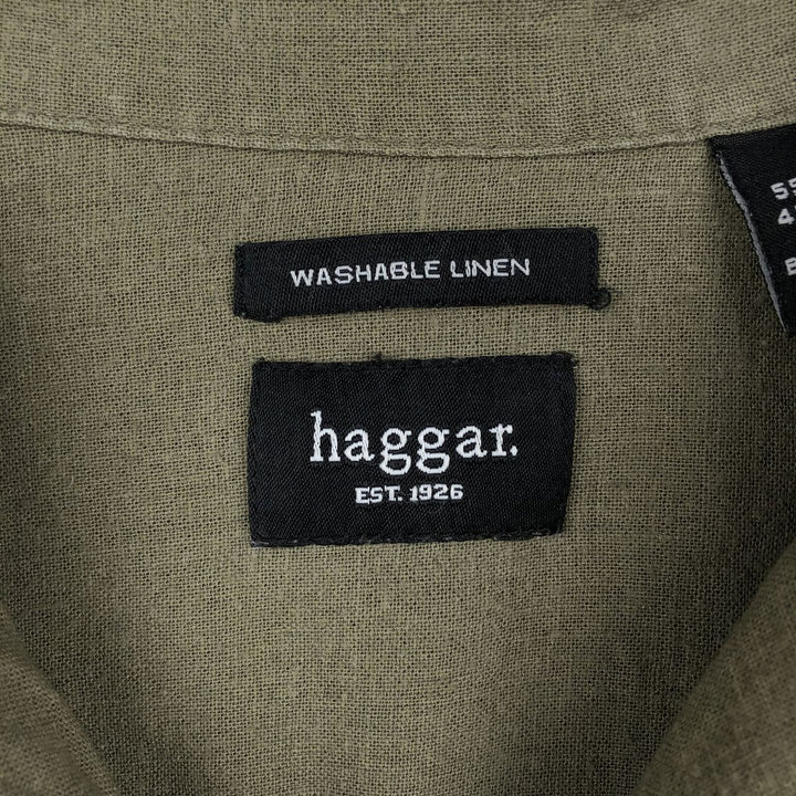 HAGGAR Washable Linen Short-Sleeve Open-Collar Linen x Rayon Box Shirt (Men's Size L) linen Khaki type Vintage Second Hand