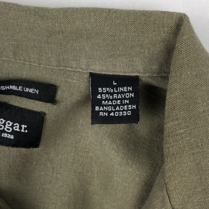 HAGGAR Washable Linen Short-Sleeve Open-Collar Linen x Rayon Box Shirt (Men's Size L) linen Khaki type Vintage Second Hand