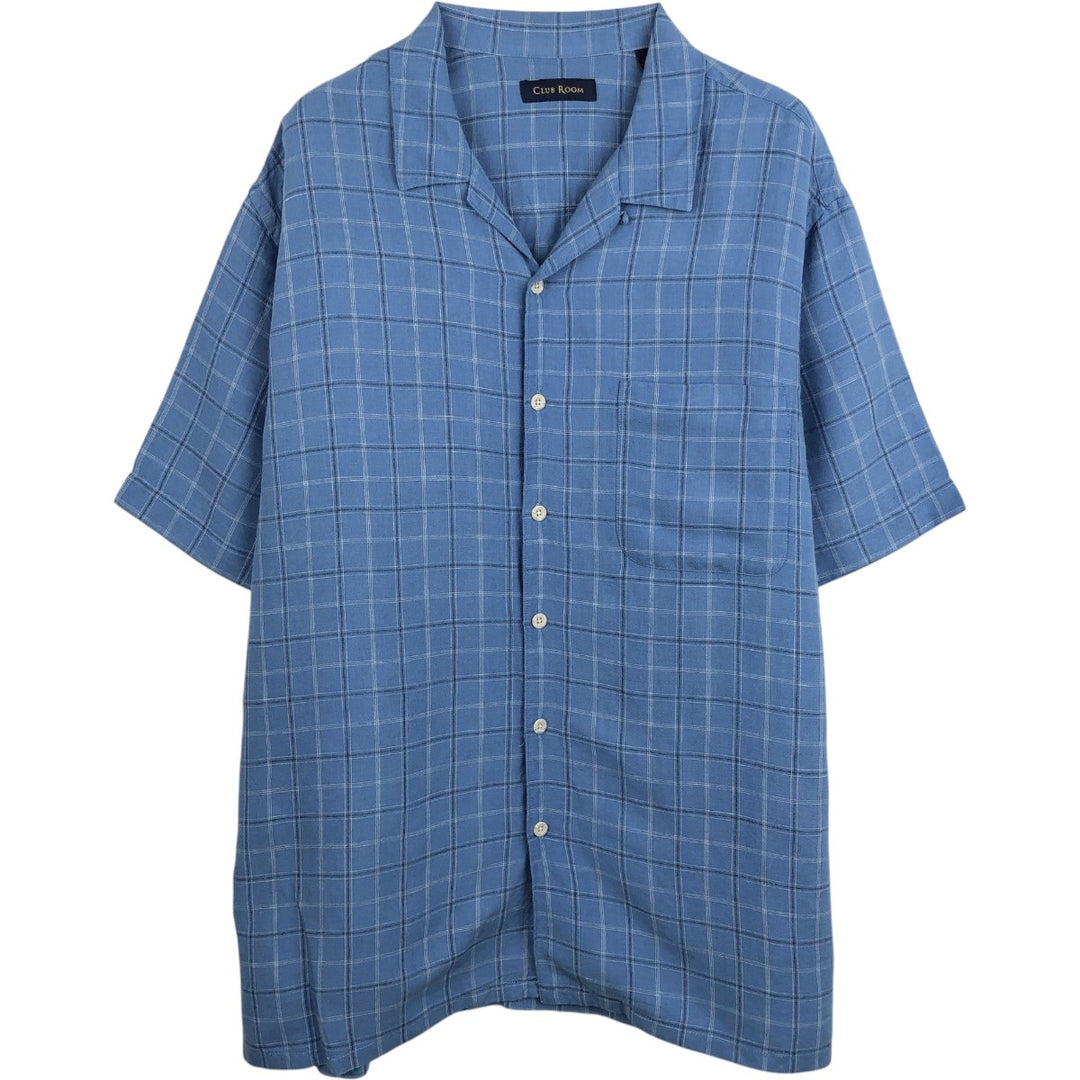 CLUB ROOM Check Pattern Short-Sleeve Open Collar Linen x Rayon Box Shirt Men's XL Equivalent linen blue type Vintage Second Hand